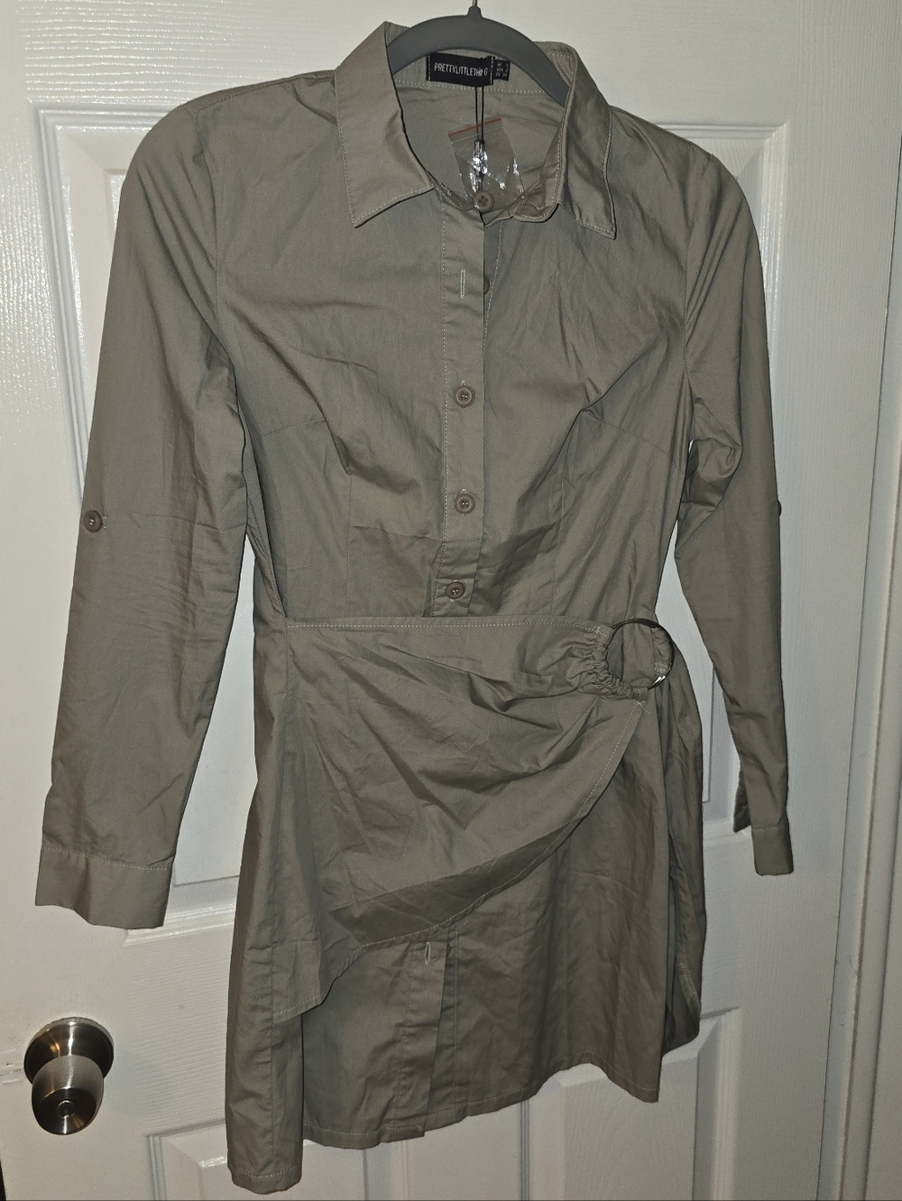 PrettyLittleThing Khaki Long Sleeve Shirt Dress Sage Green Size 6 Ring Detail